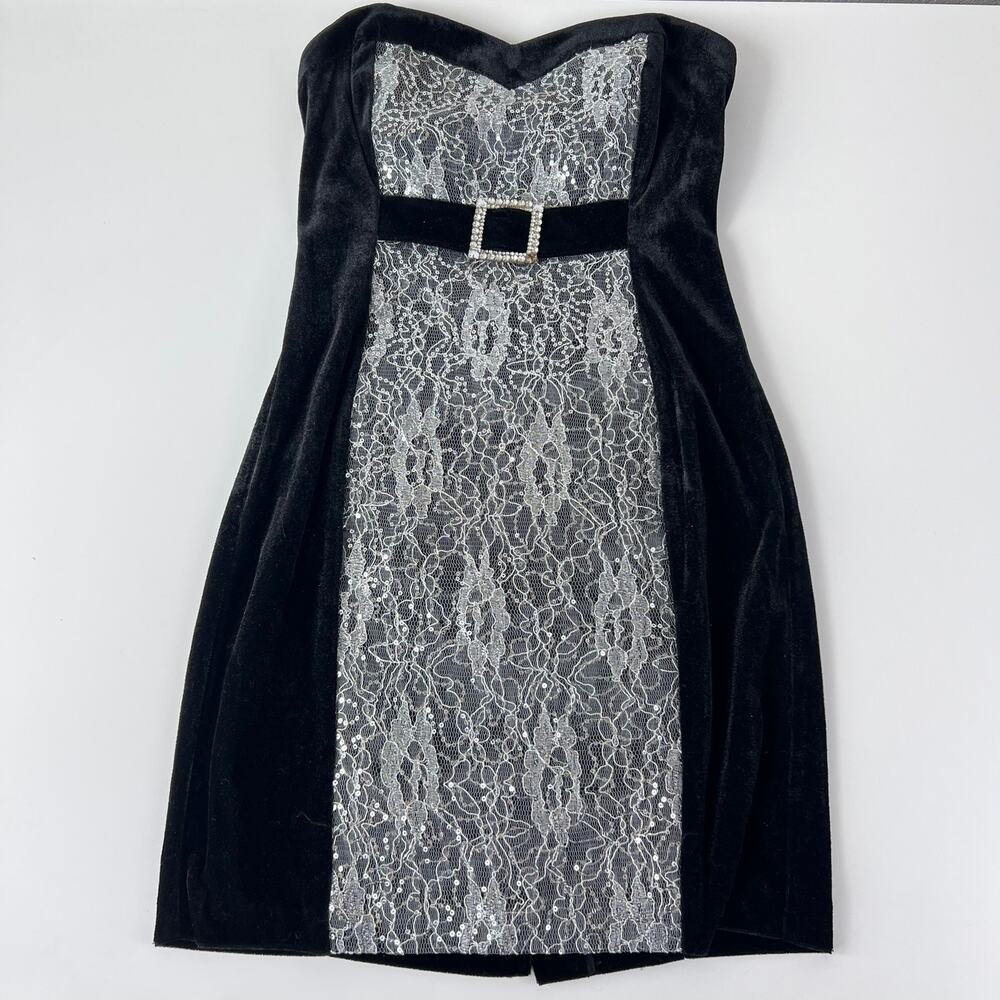 Vintage Y2K Strapless Mini Dress Lace Velvet Black Sequins sz 5 whimsigoth prom